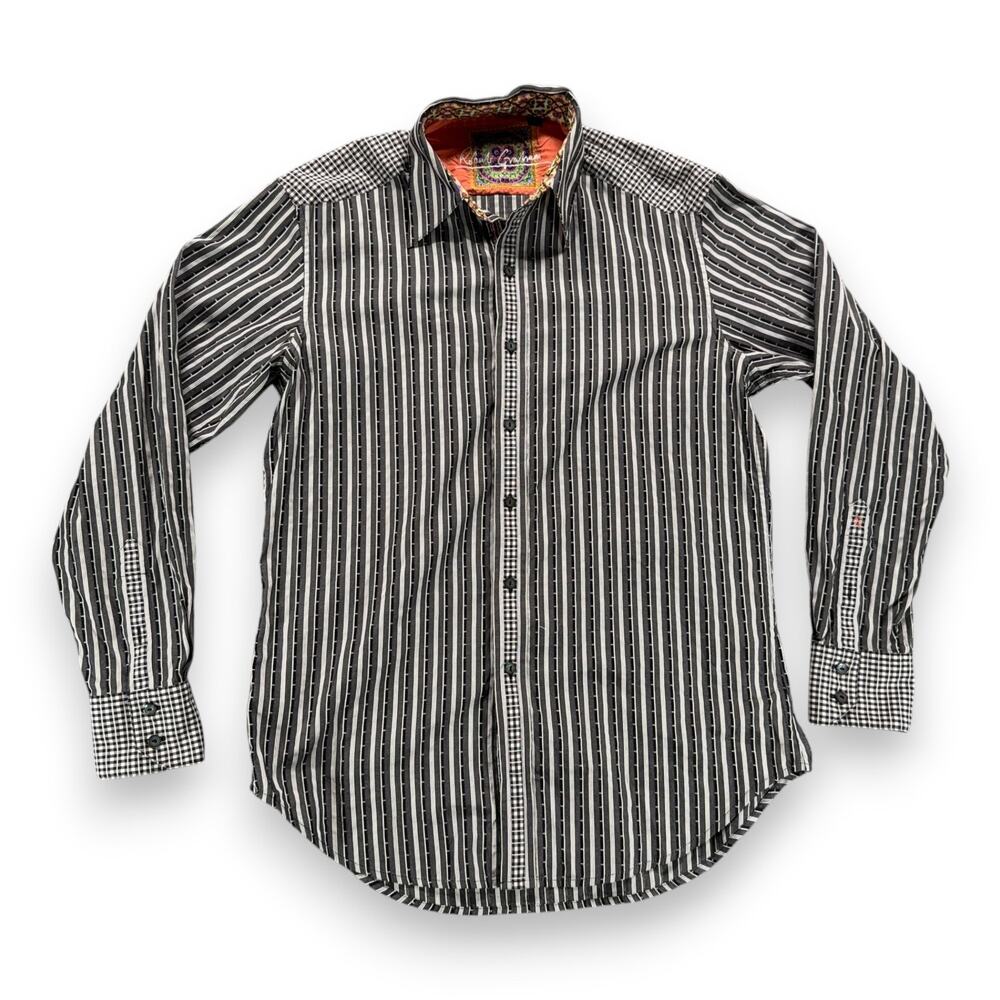 Robert Graham Shirt Adult SMALL Gray Black Striped Plaid Contrast Trim Flip Cuff